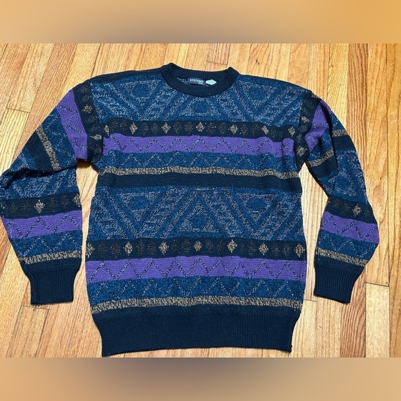 VTG Stefano Colorful Geometric Pattern Sweater Adult XL Black Purple Retro - Picture 1 of 11